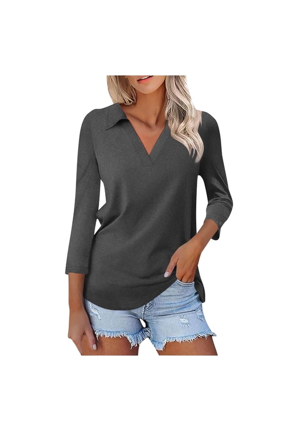 Womens Shirts Tops Solid Color 3/4 Sleeve V Neck Dressy Casual Three Quarter Length Tunic Plain Tees Blouses Dark Gray M