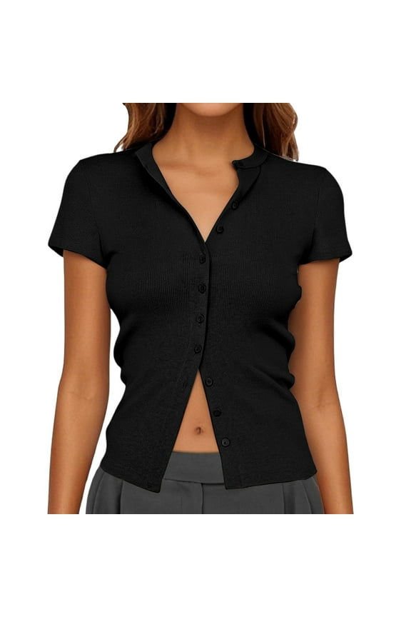 Womens Shirts Tops Solid Color Button Up Ribbed Short Sleeve Cardigan Plain Tees Blouses Black L