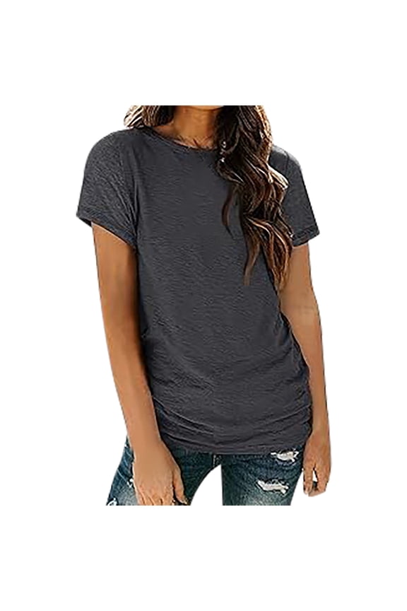 Womens Shirts Tops Solid Color Casual Crew Neck Short Sleeved Plain Tees Blouses Grey 3XL