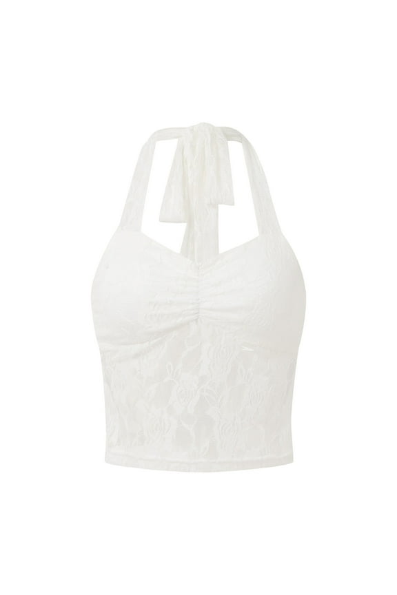 Womens Shirts Tops Solid Color Lace Neck Crop See Through Going Out Cute Backless Sheer Tank Mesh Plain Tees Blouses White S