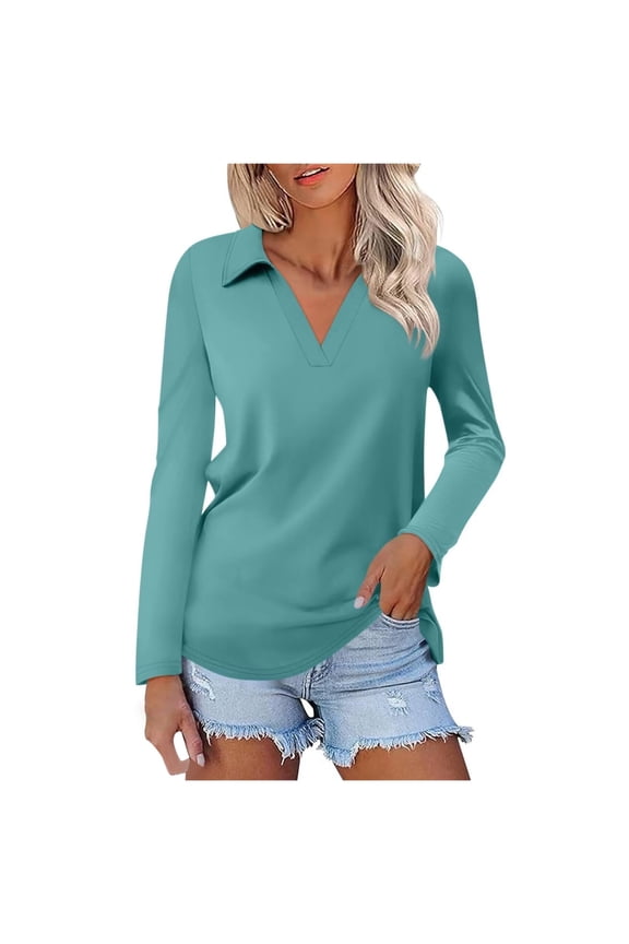 Womens Shirts Tops Solid Color Long Sleeve Lapel V Neck Plain Tees Blouses Green M
