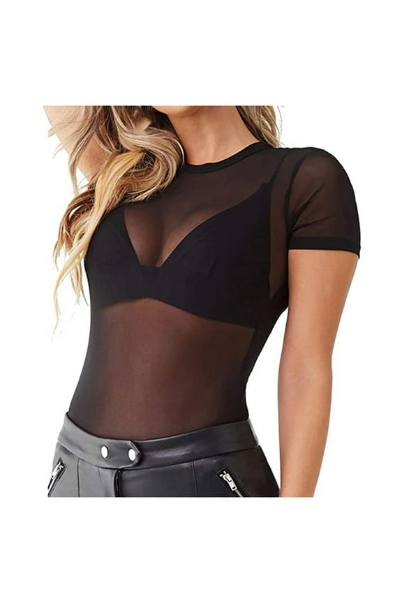 Womens Shirts Tops Solid Color Mesh Tight See Through Base Short Sleeve Plain Tees Blouses Black M