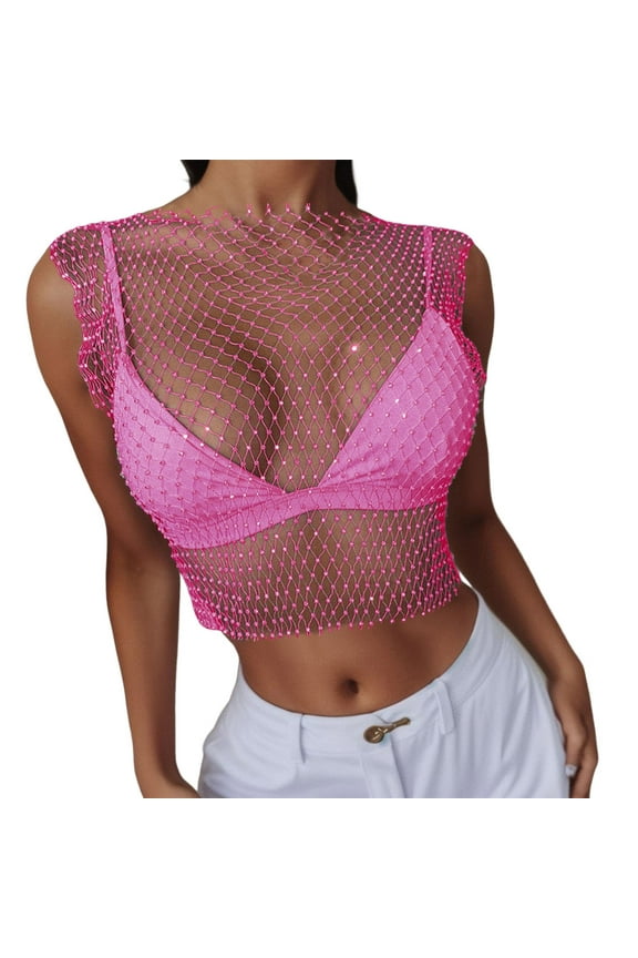 Womens Shirts Tops Solid Color Rhinestone Mesh Tank See Through Crop Plain Tees Blouses Hot Pink