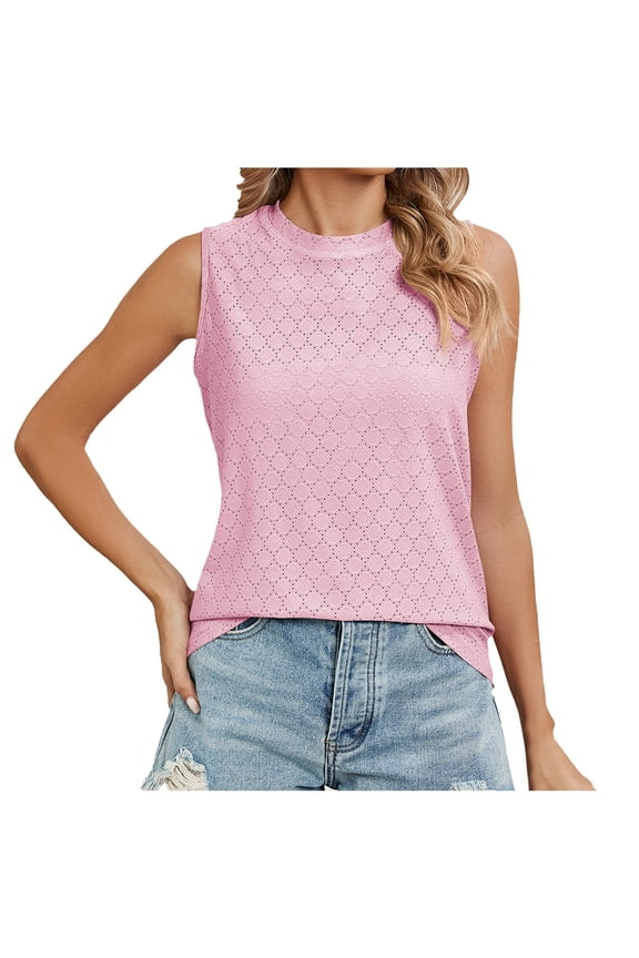 Womens Shirts Tops Solid Color Summer Crewneck Circle Sleeveless Printed Casual Tank Plain Tees Blouses Pink S