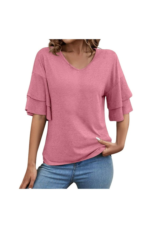 Womens Shirts Tops Solid Color Summer V Neck with Double Layer Flared Mid Sleeves Casual Loose Fit Plain Tees Blouses Red M