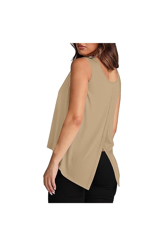 Womens Shirts Tops Solid Color Tank Loose Fit Basic Clothes Summer Sleeveless Open Back Plain Tees Blouses Khaki M