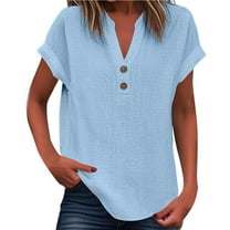 Womens Shirts Tops Solid Color V-Neck Button Loose Short Sleeved Womens Athletic Tops