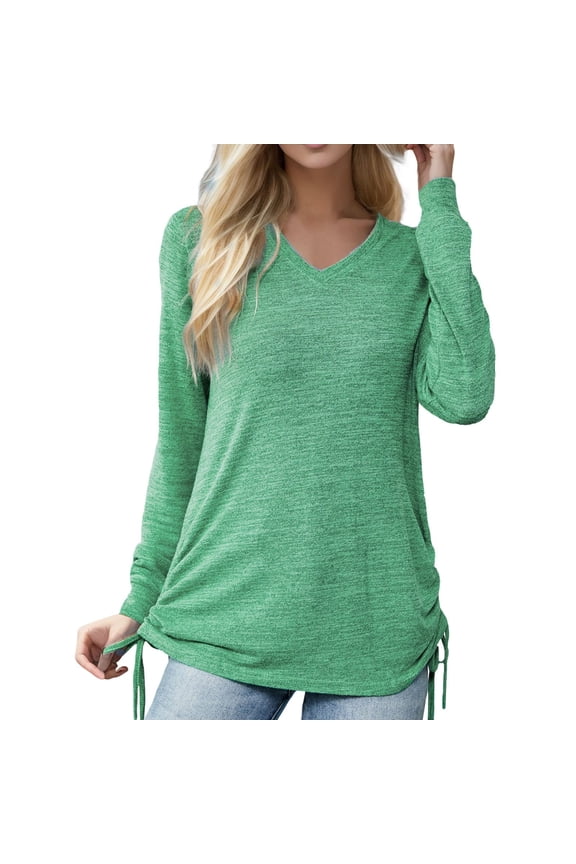 Womens Shirts Tops Solid Color V Neck Ruched Long Sleeve Loose Plain Tees Blouses Green M