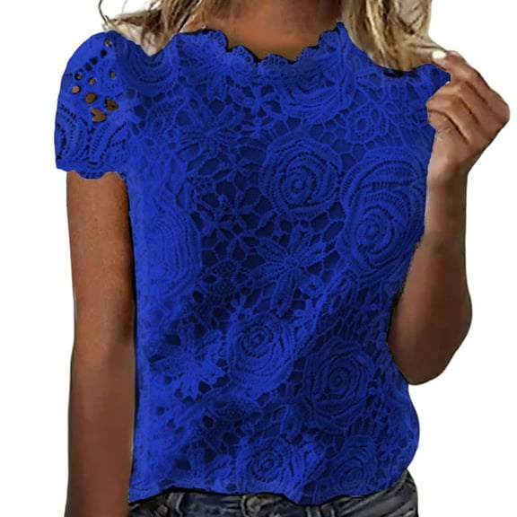 Womens Shirts Tops Spring Summer New Short Sleeved Lace Fall Clothes for Women Tees Blouses Blue Size M