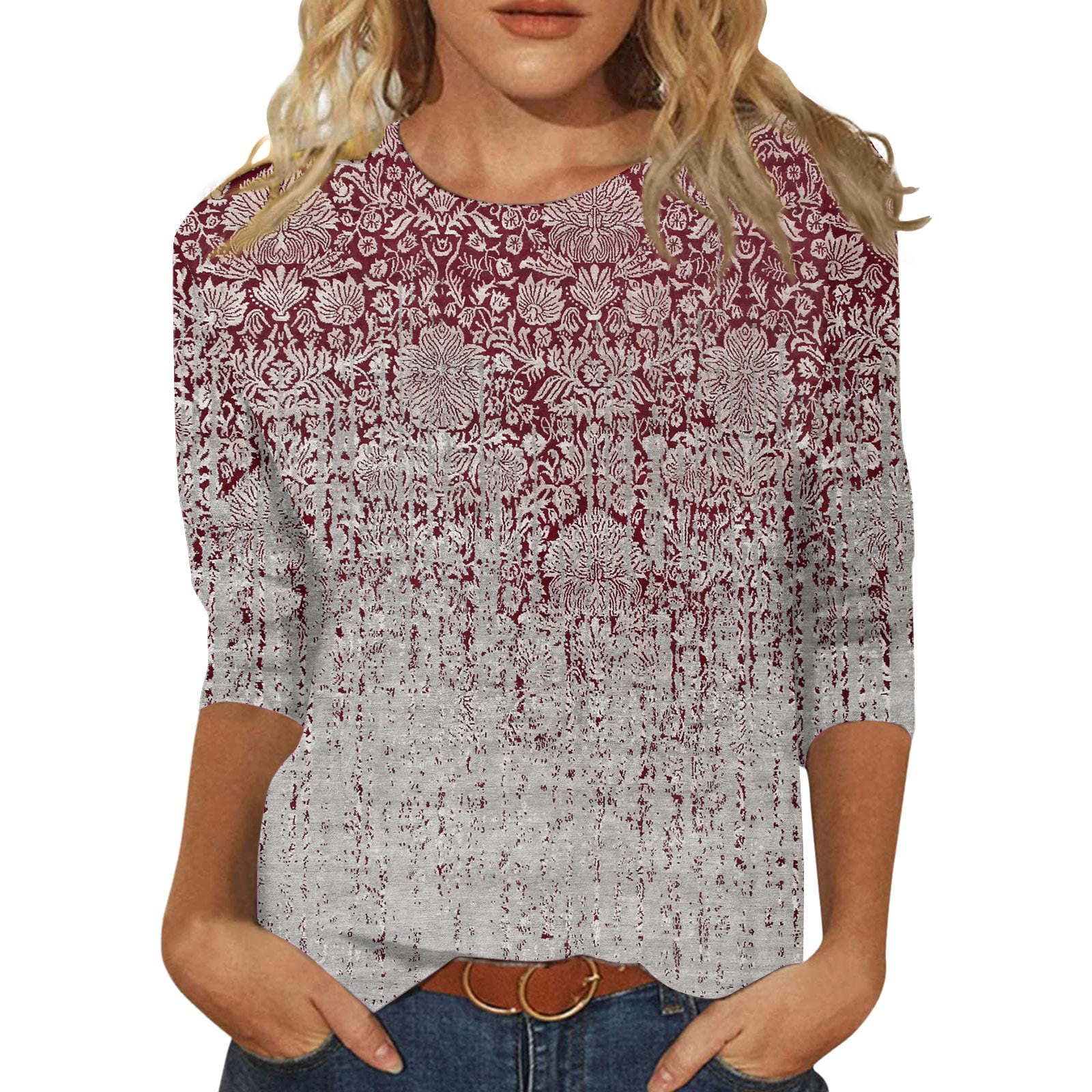 Womens Shirts Tops Three Quarter Length Sleeve Round Neck Floral Print ...