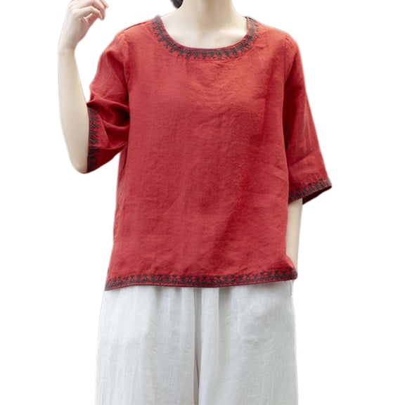 Womens Shirts Tops Vintage Embroidered Linen Round Neck Short Sleeve Loose Fit Summer Women Tees Blouses Red L
