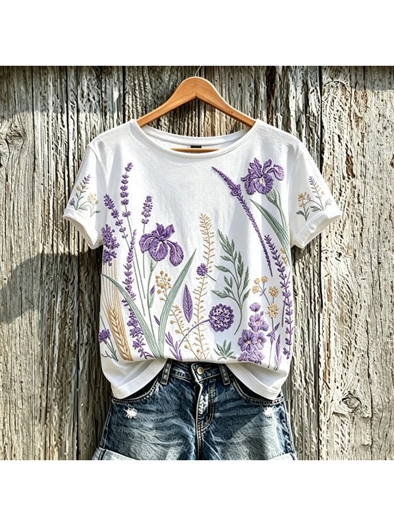 Womens Shirts Trendy Purple Awareness Ribbon Floral Graphic Crew Neck Short Sleeve T-Shirt Hummingbird Casual Support Gift Tops