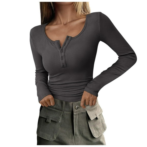 Womens Shirts Tshirts Long Sleeve Womens Workout Tops Fall Button Down Ribbed Knit Slim Fit Basic Cute Tee Shirts Gray S