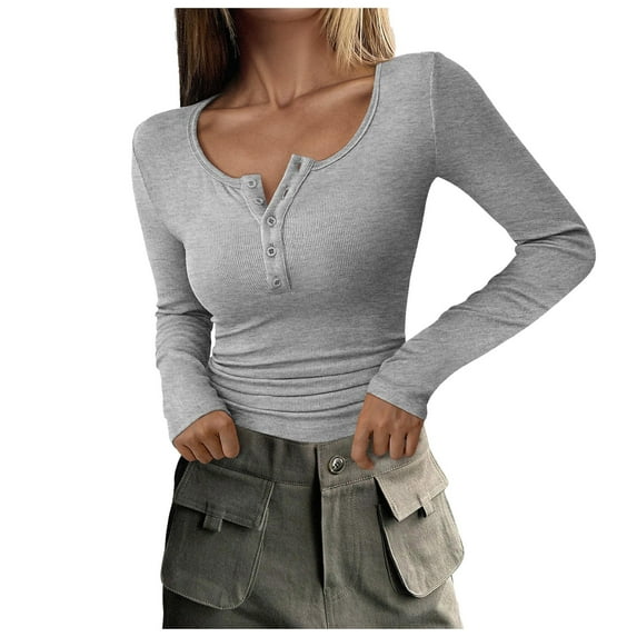 Womens Shirts Tshirts Long Sleeve Womens Workout Tops Fall Button Down Ribbed Knit Slim Fit Basic Work Blouses Dressy Casual Gray S