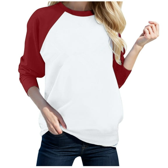 Womens Shirts Tshirts Long Sleeve Womens Workout Tops Fall Crewneck With Shoulder Matching Color Blouses Business Casual Wine 2XL