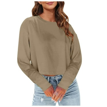 Womens Shirts Tshirts Long Sleeve Womens Workout Tops Fall Fashion Solid Crewneck Crop Blouses Business Casual Khaki 2XL