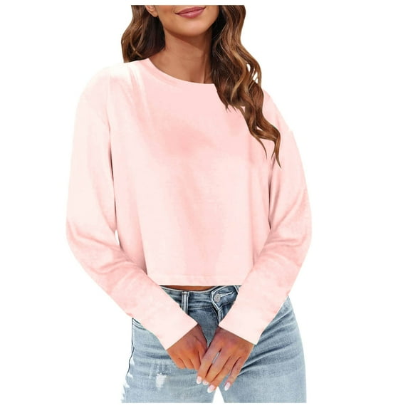 Womens Shirts Tshirts Long Sleeve Womens Workout Tops Fall Fashion Solid Crewneck Crop Cute Tee Shirts Pink 2XL