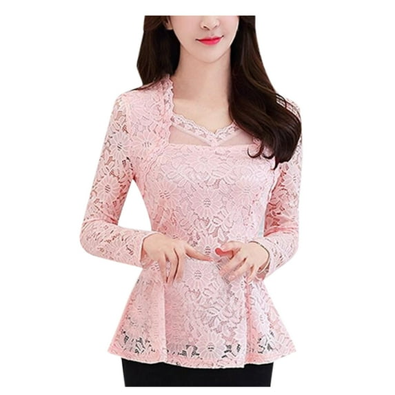 Womens Shirts Tshirts Long Sleeve Womens Workout Tops Fall Lace Crocheted Elegant Lace Blouses Dressy Casual Pink L