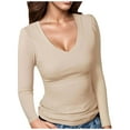 thumbnail image 1 of Womens Shirts Tshirts Long Sleeve Womens Workout Tops Fall Ribbed V Neck Slim Fitted Basic Solid Layering Blouses Casual Beige M, 1 of 5