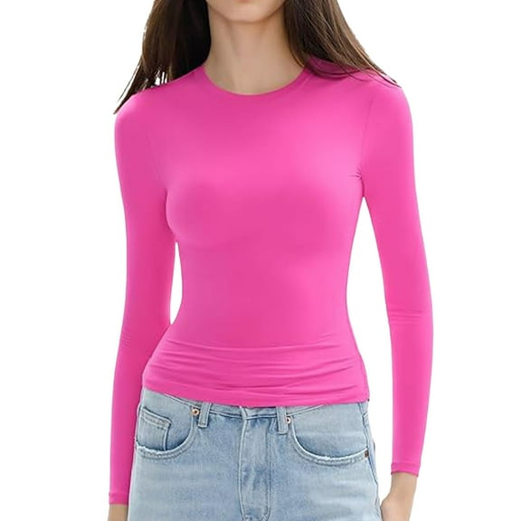 Womens Shirts Tshirts Long Sleeve Womens Workout Tops Fall Slim Crewneck Crop Basic Solid Tight Slim Fit Cropped Yoga Blouses Dressy Casual Hot Pink XS