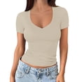 thumbnail image 1 of Womens Shirts V Neck Ribbed Short Sleeve Slim Basic Spring Summer Tshirts Shirts for Women Beige L, 1 of 7