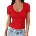 thumbnail image 1 of Womens Shirts V Neck Ribbed Short Sleeve Slim Basic Spring Summer Tshirts Shirts for Women Red 2Xl, 1 of 7