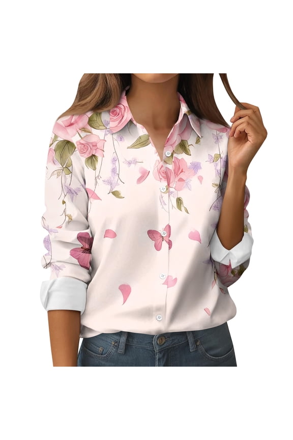 Womens Shirts Valentines Day Button Down Love Heart Print Long Sleeve Shirt Blouses Lightweight Business Dressy Casual Top Light pink 2XL