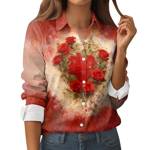 Womens Shirts Valentines Day Button Down Love Heart Print Long Sleeve Shirt Blouses Lightweight Business Dressy Casual Top Vermilion S