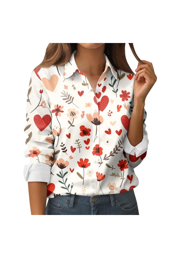 Womens Shirts Valentines Day Button Down Love Heart Print Long Sleeve Shirt Blouses Lightweight Business Dressy Casual Top Vermilion XL