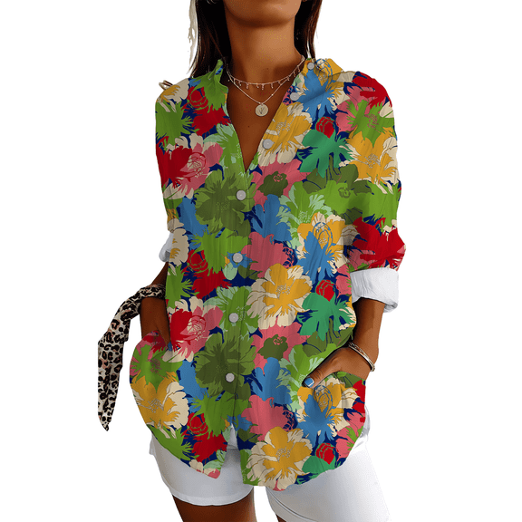 OYYN Button Down Shirts for Women 3/4 Sleeve Tops V Neck Collared Blouses Business Casual Outfits Casual Beach vacation Boho Shirt