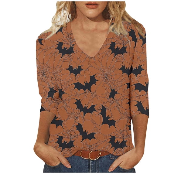 Womens Shirts Vintage Halloween V Neck 3/4 Length Festival Bloody Graphic Tops Fall Casual Funny Tunic Blouse