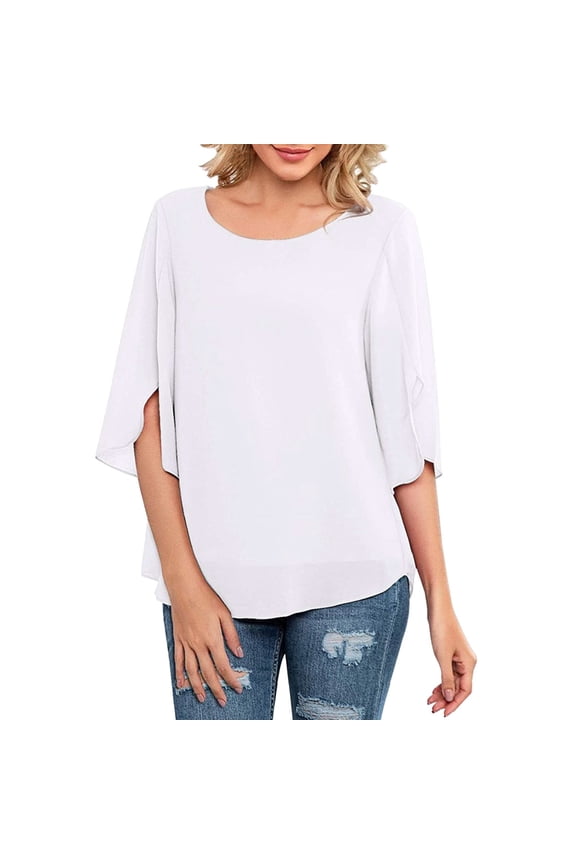 Womens Shirts Women Long Sleeve Tops Women Loose Half Split Sleeves Double Layer Top Chiffon Crew Neck Shirt Flowy Shirt
