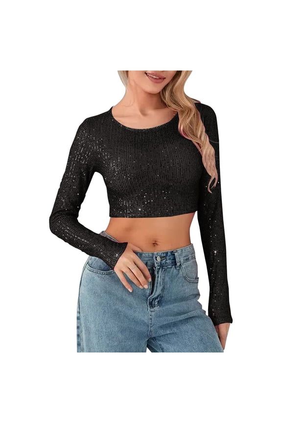 Womens Shirts Women'S Sequin Top Glitter Party Club Jumper Long Sleeve Crew Neck Crop Top Skinny Top Sparkly Crop Tee Fashion Clothing