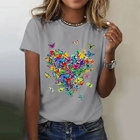 Womens Shirts Women's Love Butterfly Printed Shirt Short Sleeve Round Neck T Shirt Fashion Top Lightweight Soft Casual Summer Clothing Clothes Fashion Clothing