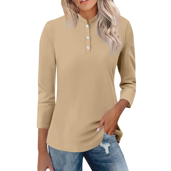 Womens Shirts Women's Stand Collar 3/4 Sleeve Tops Casual Shirts Basic Summer Tees Blouse Fall Winter Spring Trendy Casual Shirts Fashion Clothing
