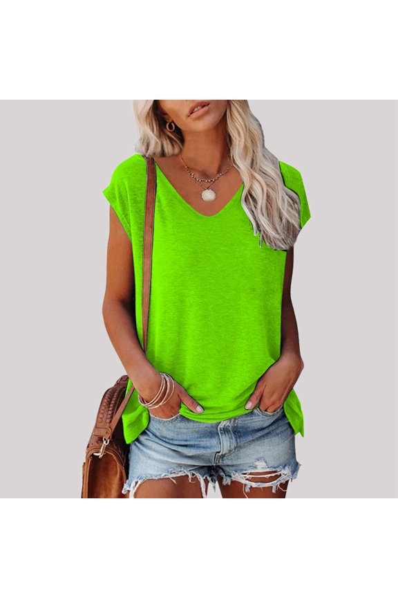 Womens Shirts Women's Summer Fashion V Neck Low Neckline Ultra Short Sleeve Printed Loose Top Green S