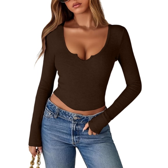 Womens Shirts,Womens Going Out Long Sleeve Crop Tops Sexy V Neck Shirts Ribbed Blouses for Women Fitted Slim T-Shirt Coffee M