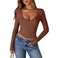 thumbnail image 1 of Womens Shirts,Womens Going Out Long Sleeve Crop Tops Sexy V Neck Shirts Ribbed Blouses for Women Fitted Slim T-Shirt Light Brown S, 1 of 4