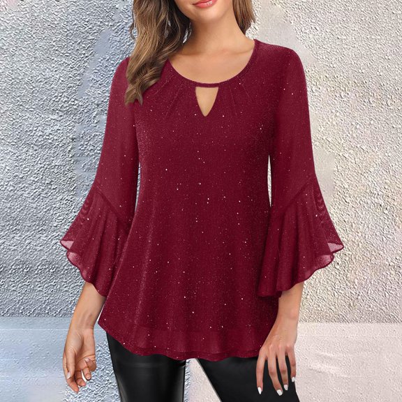 Womens Shirts Womens Sparkly Tops 3/4 Sleeve Blouses Glitter Evening Shirts Fashion Clothing