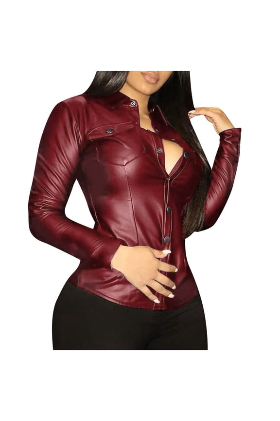 Womens Shirts Womens Tops Leather Jacket PU Snap Button Down Shirt Shacket Long Sleeve Motorcycle Fashion Jacket Tops
