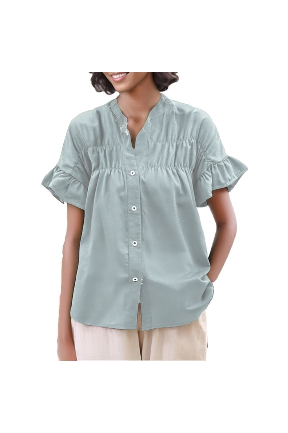 Womens Shirts Young Womens Tops Womens Button Down Shirts 2025 Summer Pleated V Neck Short Ruffle Sleeve Work Blouse Top