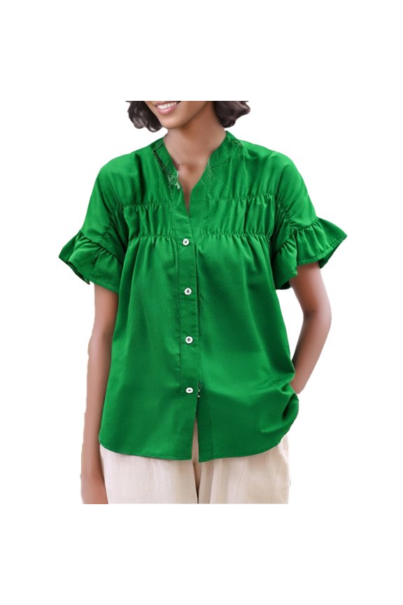Womens Shirts Young Womens Tops Womens Button Down Shirts 2025 Summer Pleated V Neck Short Ruffle Sleeve Work Blouse Top