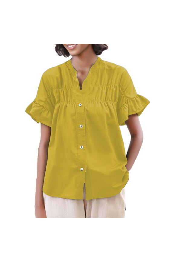 Womens Shirts Young Womens Tops Womens Button Down Shirts 2025 Summer Pleated V Neck Short Ruffle Sleeve Work Blouse Top