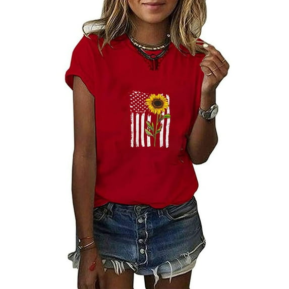 Womens Tops Summer 2022,American Flag Sunflower T Shirts for Women 4th of July Independence Day Shirt Cute Print Short Sleeve Tee Top Blouse
