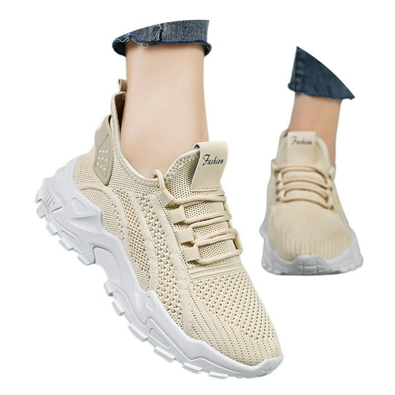 Womens Shoes,Breathable Mesh Sneakers Walking Casual Workout Comfortable Platform Lace Up Shoes With Soft Cushioned Insoles,Shoes for Women,Beige,38