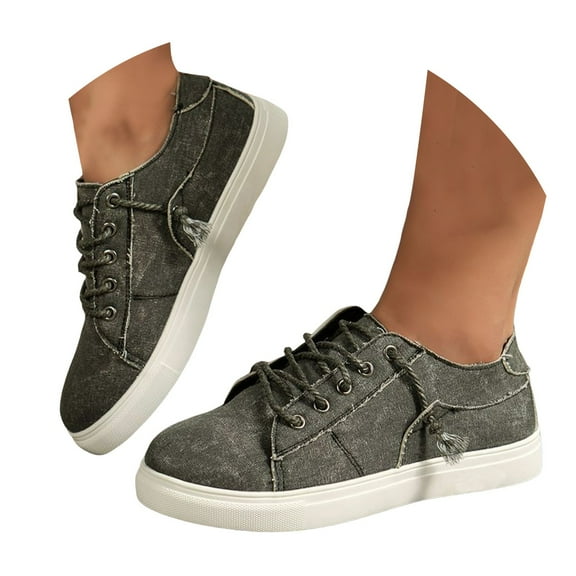 Womens Shoes Comfortable Denim Flats Walking Fashion Sneakers Casual Lace up Tennis Canvas Shoes