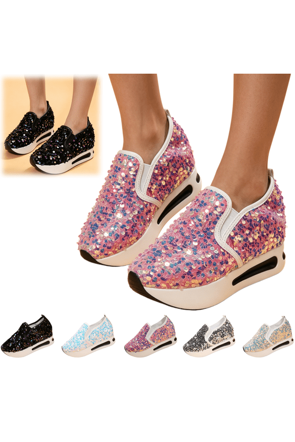 Womens Shoes Rhinestone Comfortable Platform Slip on Shoes Fashion Flat Hidden High Heels Non-Slip Sneakers