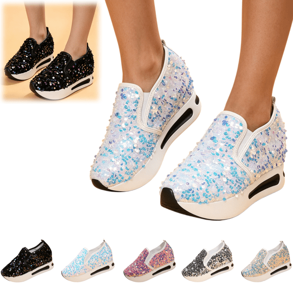 Womens Shoes Rhinestone Comfortable Platform Slip on Shoes Fashion Flat Hidden High Heels Non-Slip Sneakers