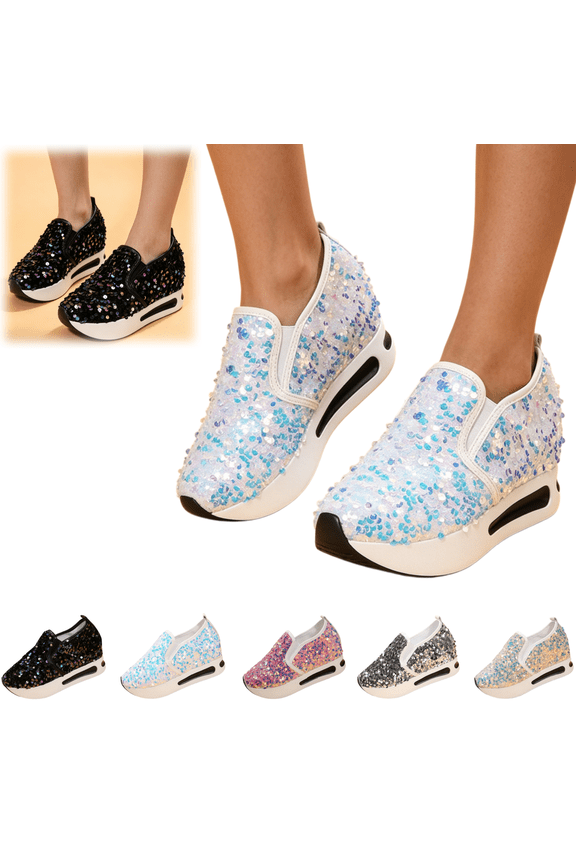 Womens Shoes Rhinestone Comfortable Platform Slip on Shoes Fashion Flat Hidden High Heels Non-Slip Sneakers
