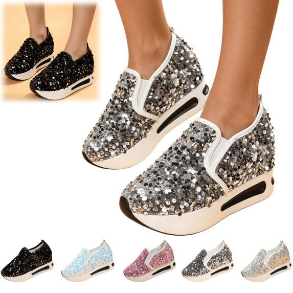 Womens Shoes Rhinestone Comfortable Platform Slip on Shoes Fashion Flat Hidden High Heels Non-Slip Sneakers